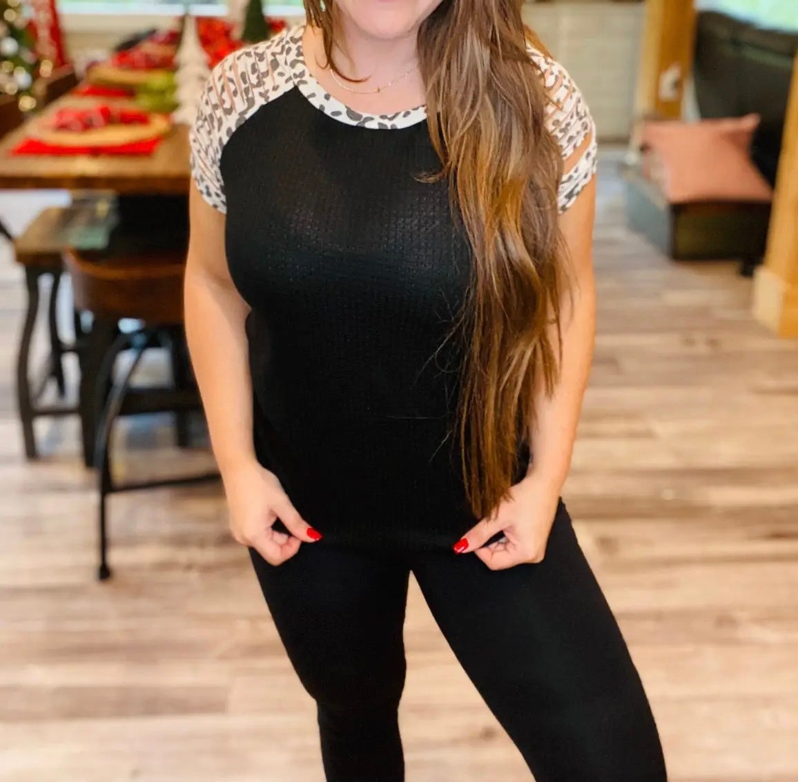 Distressed Sleeve Black and Snow Leopard Top