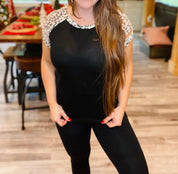 Distressed Sleeve Black and Snow Leopard Top