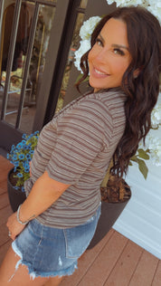 The Greii Brown Striped Collared Button Up Top