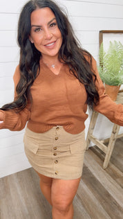 chic Brown Vcut  Knit Sweater Top