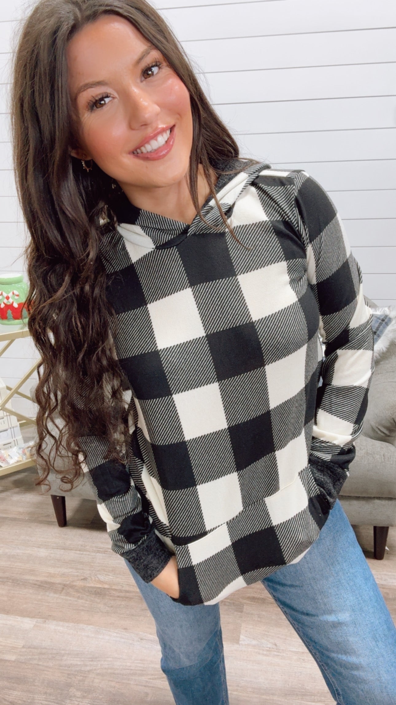 Lightweight Black and White Plaid Hoodie *Final Sale*