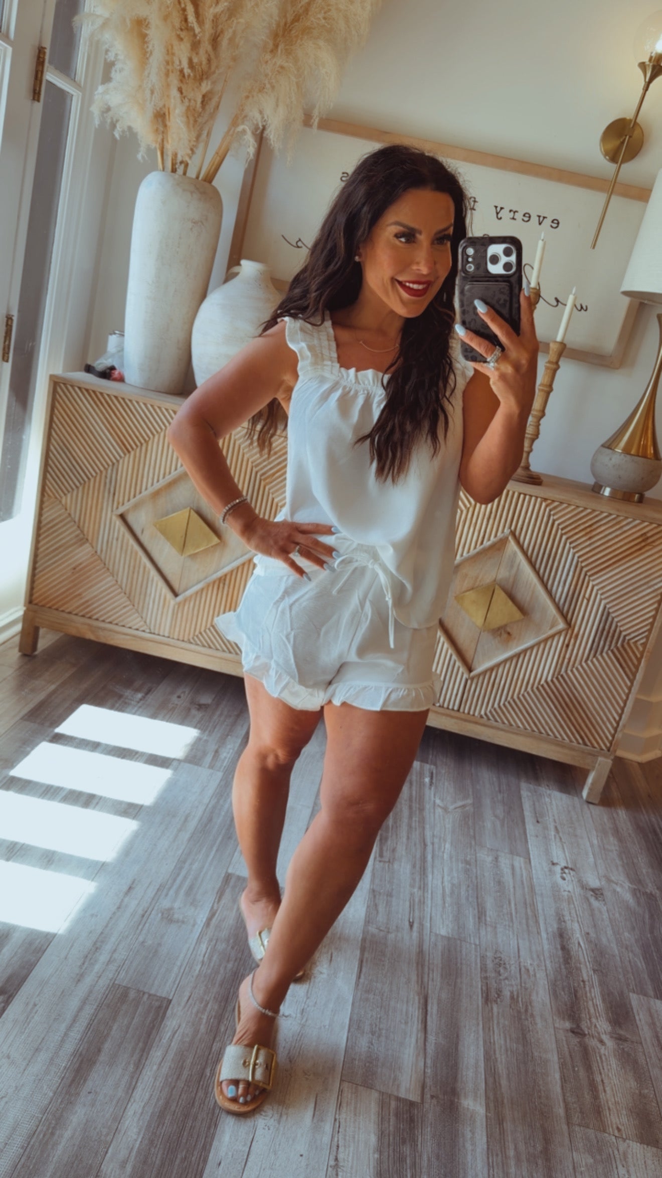 White  Textured Ruffle Strap Tank and Shorts Set