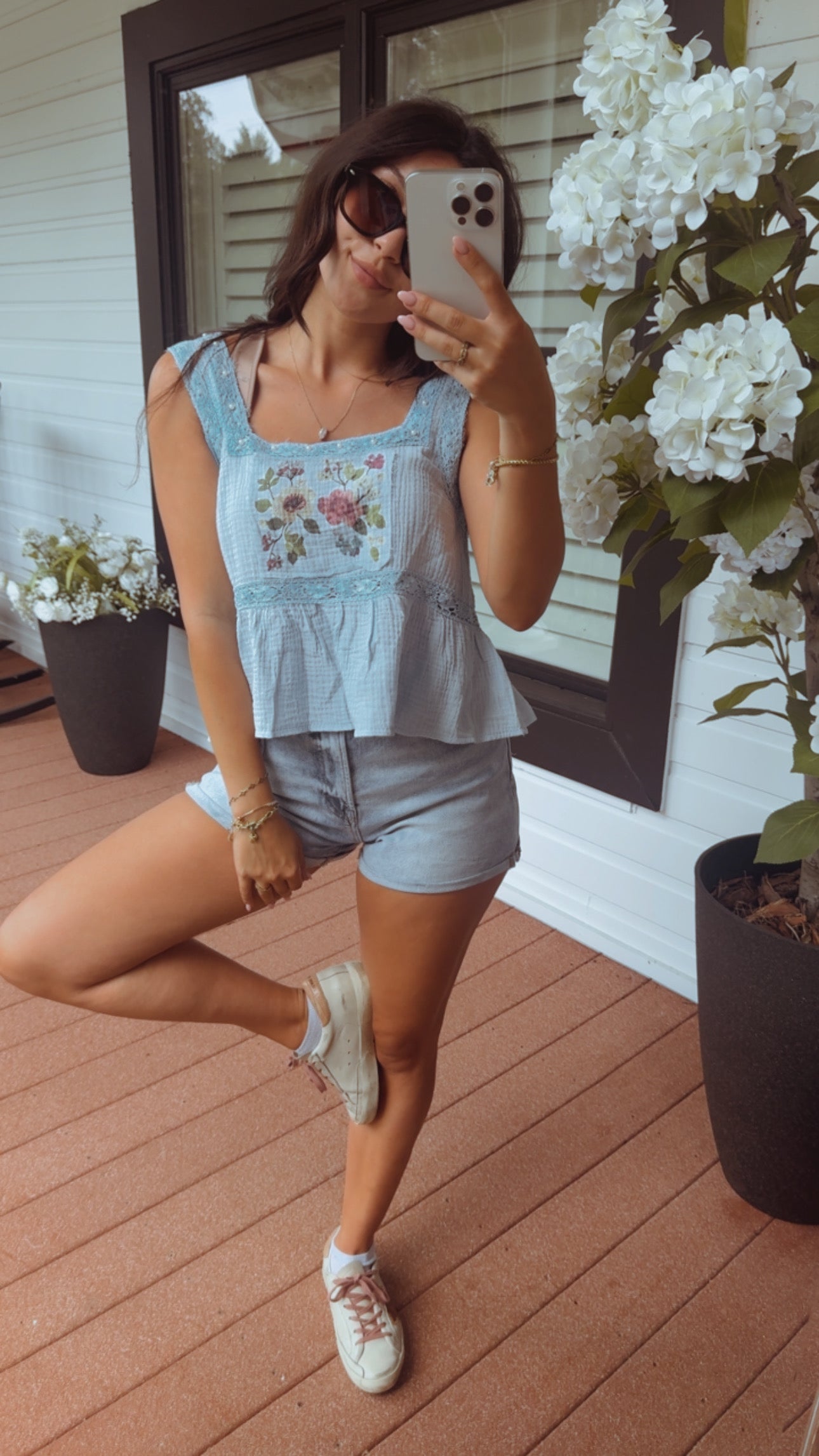 Pol Light Blue Linen Lace and Pearl Trim Tank