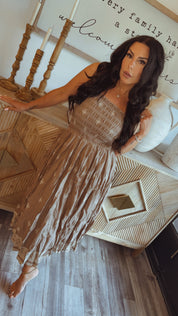 Mocha And White Stapless Smocked Midi Dress