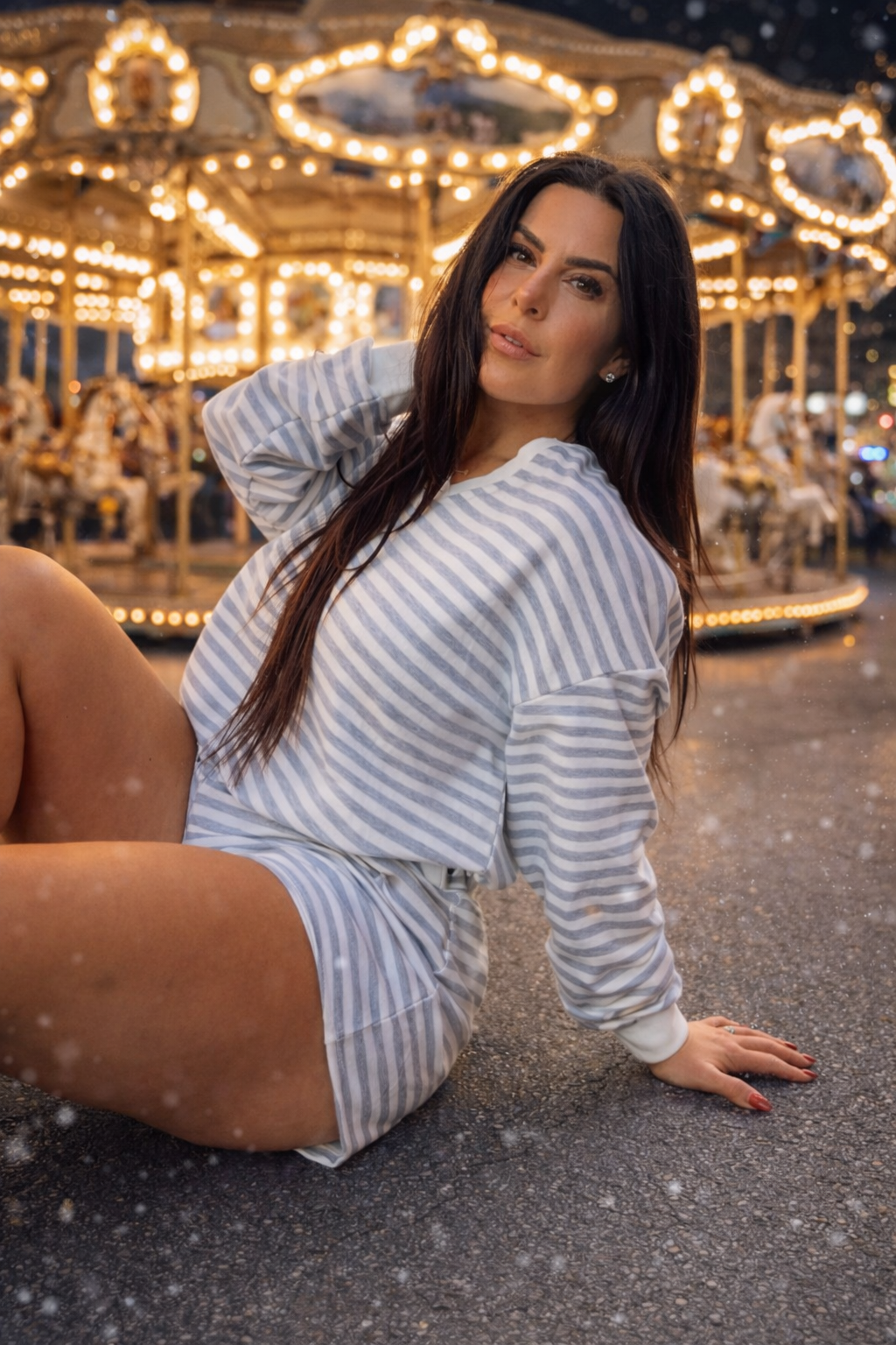 Grey and White Stripe Set Long Sleeve Top and Shorts