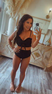 Sassy High Waist Textured Black Two Piece Bathing Suit