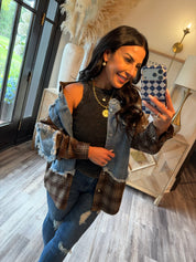 Denim and Chocolate Brown Flannel Distressed Hem Jacket