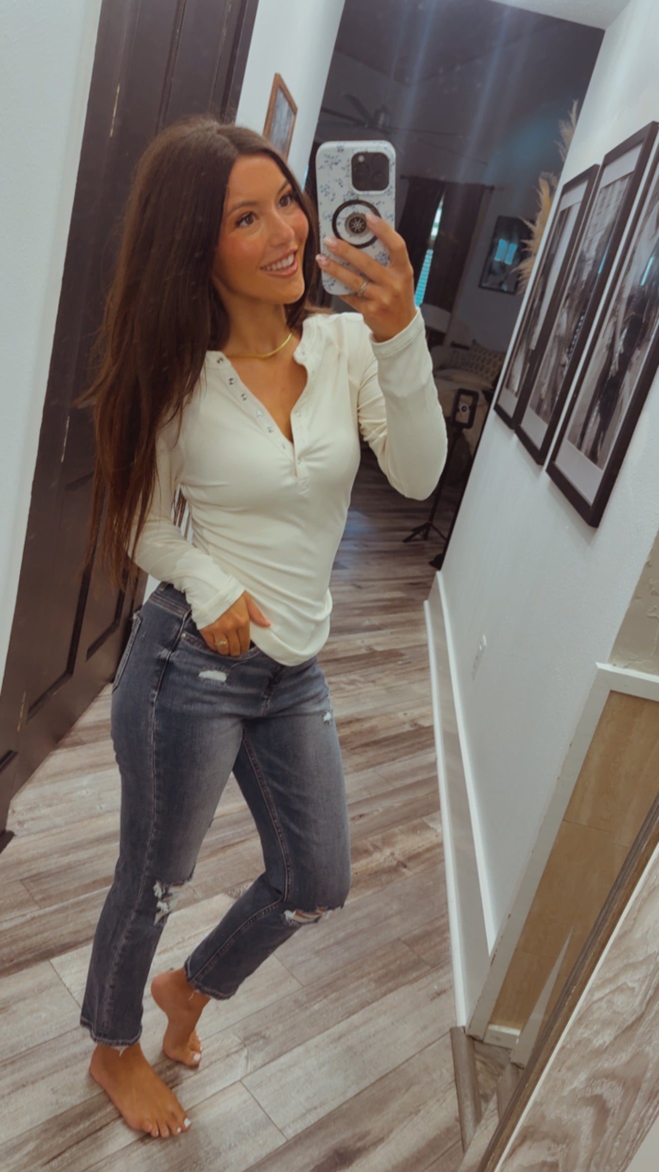 Natural 1/4 Button Ribbed long Sleeve Top