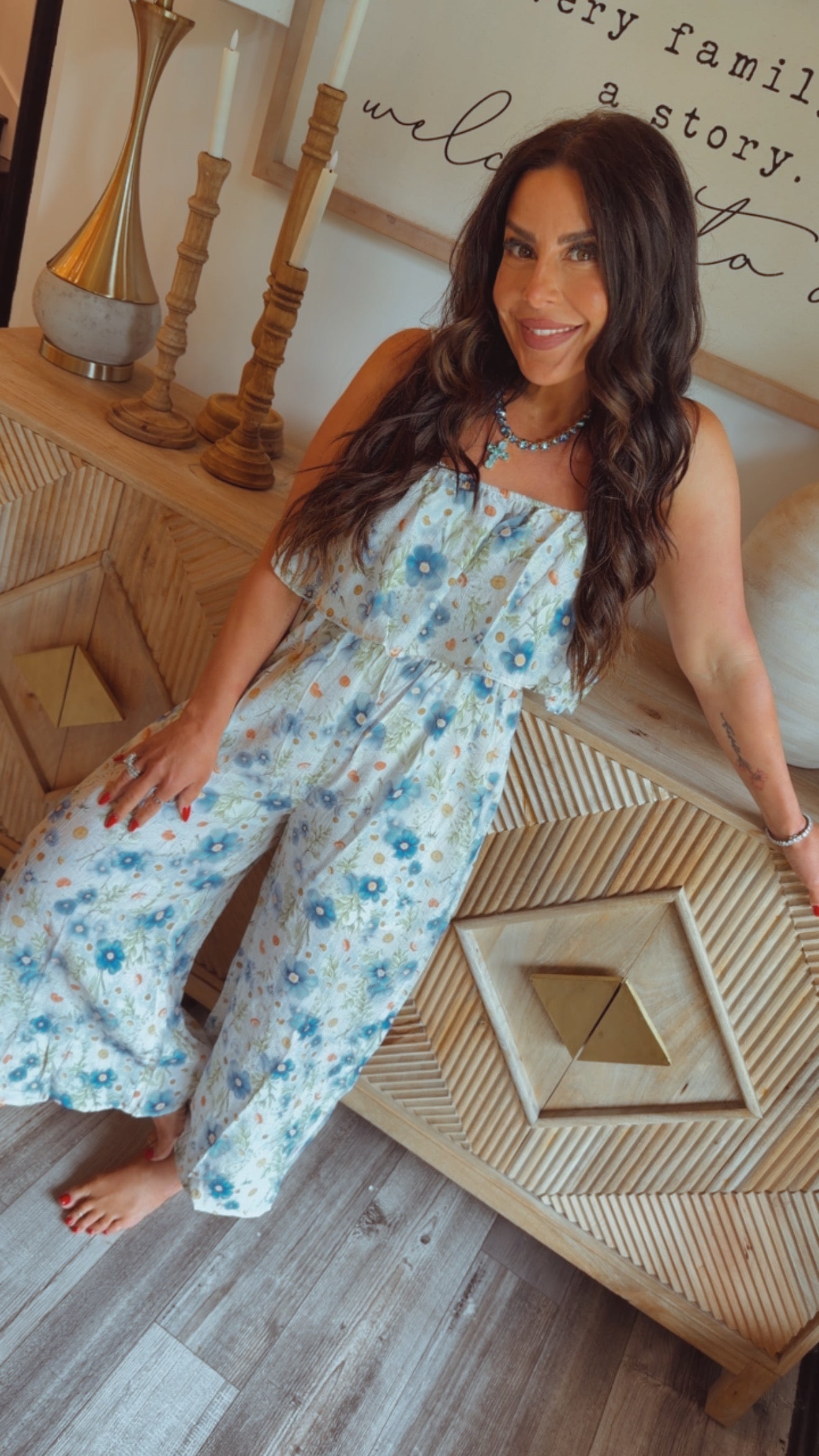 White and Blue Floral Jumpsuit