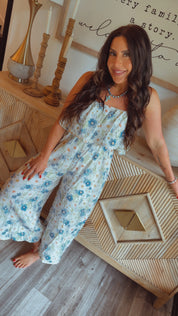 White and Blue Floral Jumpsuit
