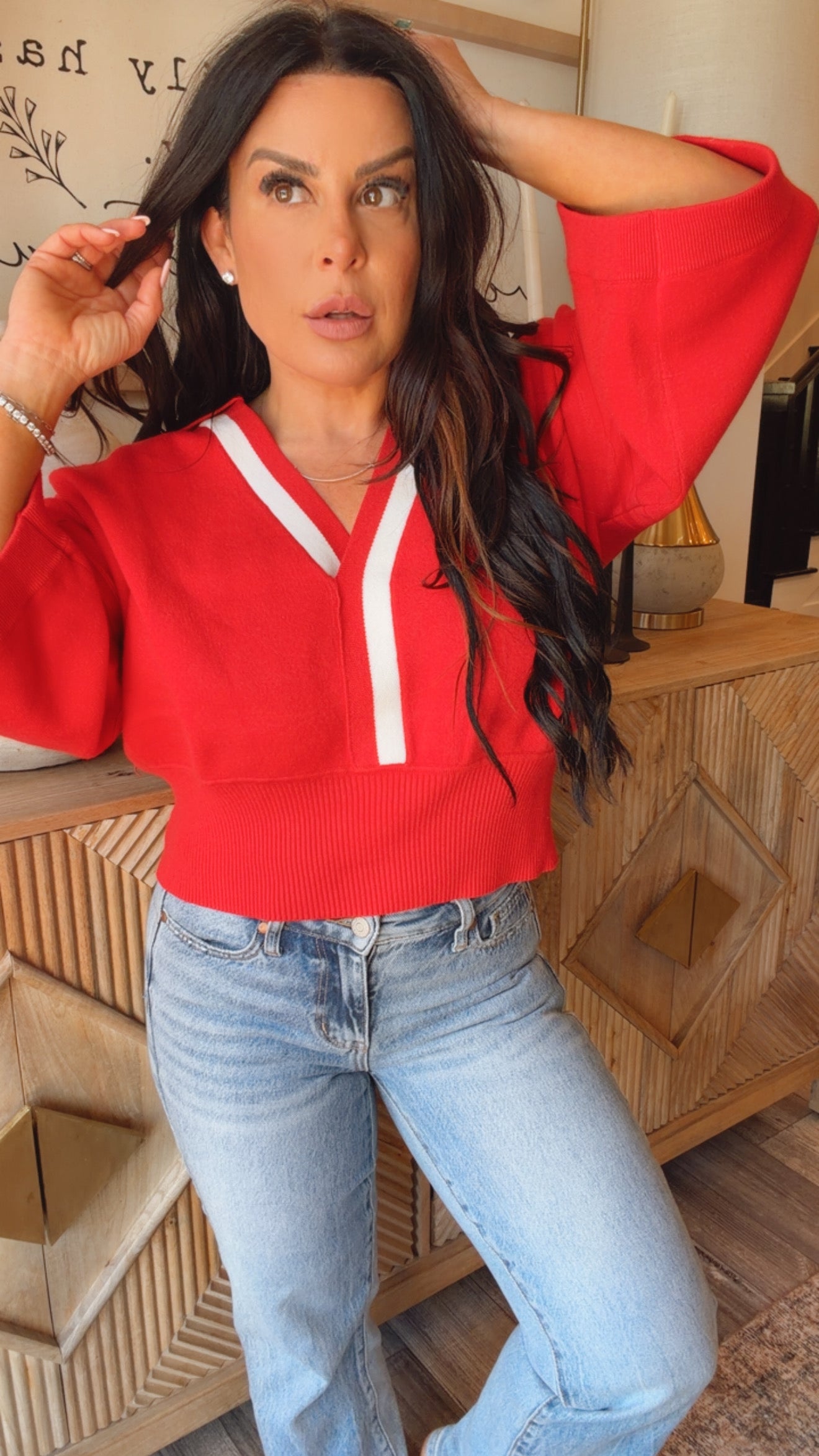 “Yes that is my yacht “ Red and White Crop Knit Collared Knit Top