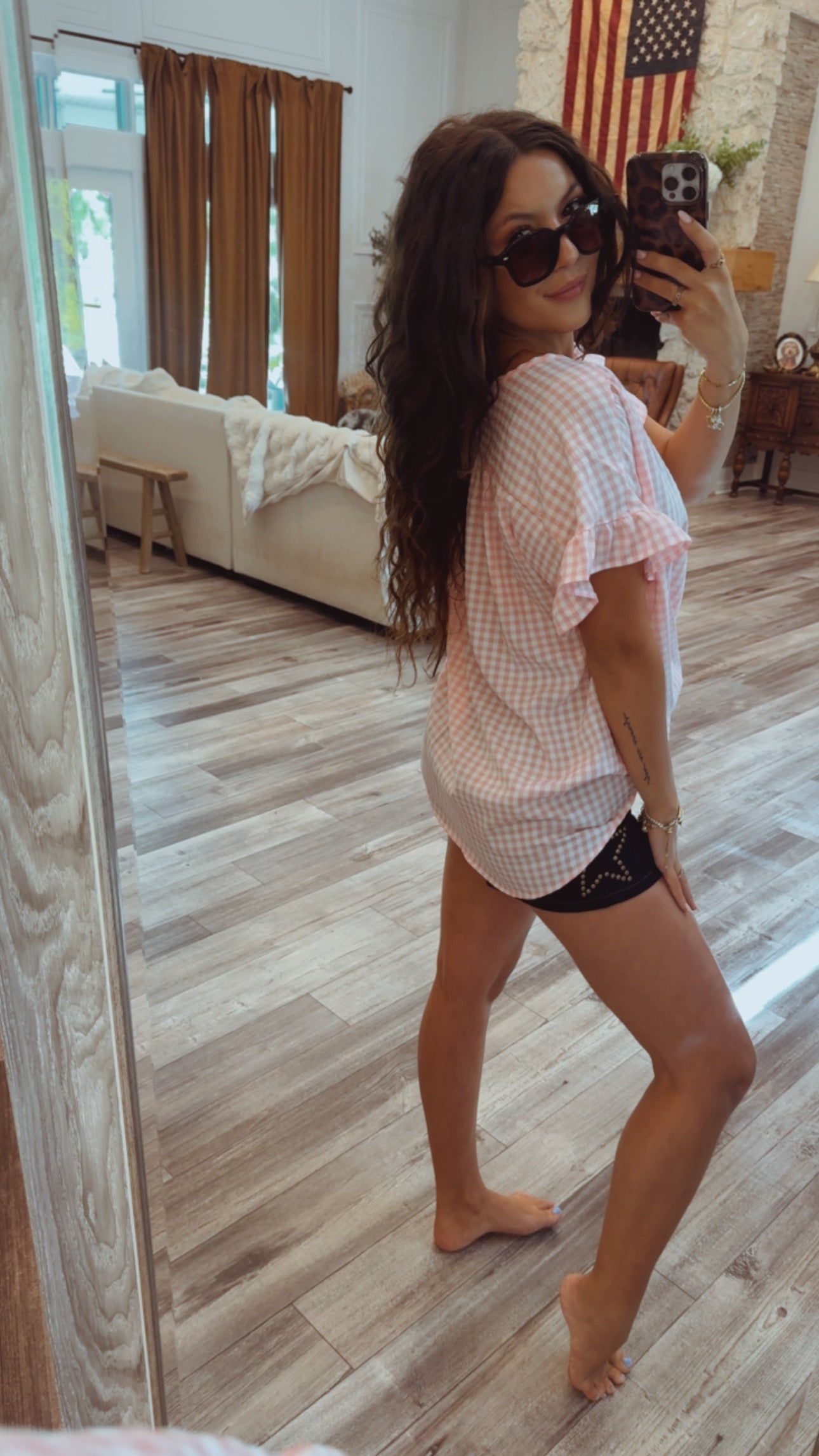 PInk and White Gingham Ultra Soft Ruffle Sleeve Top