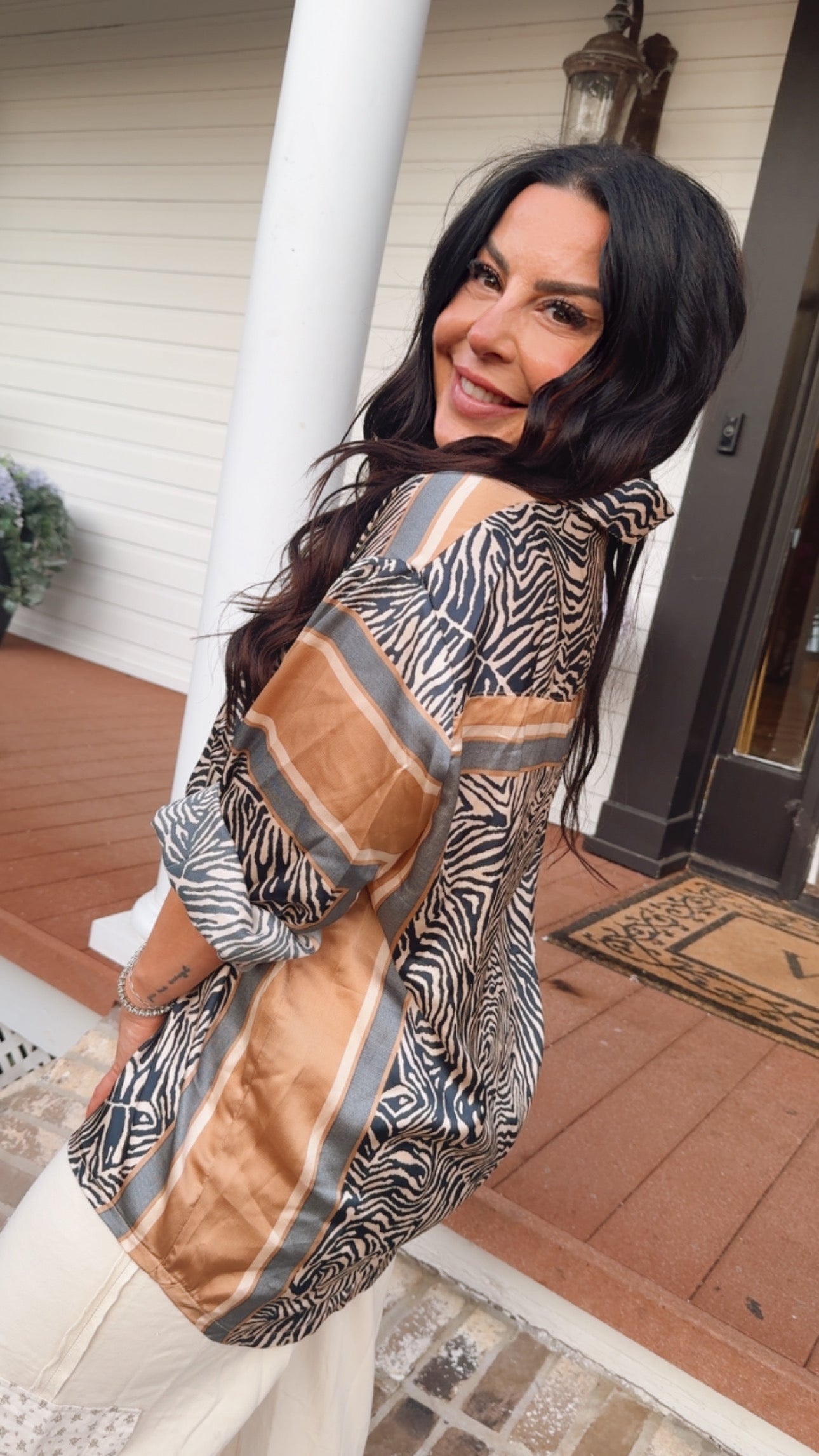 POL Tan and Navy Zebra Silky Long Sleeve Top