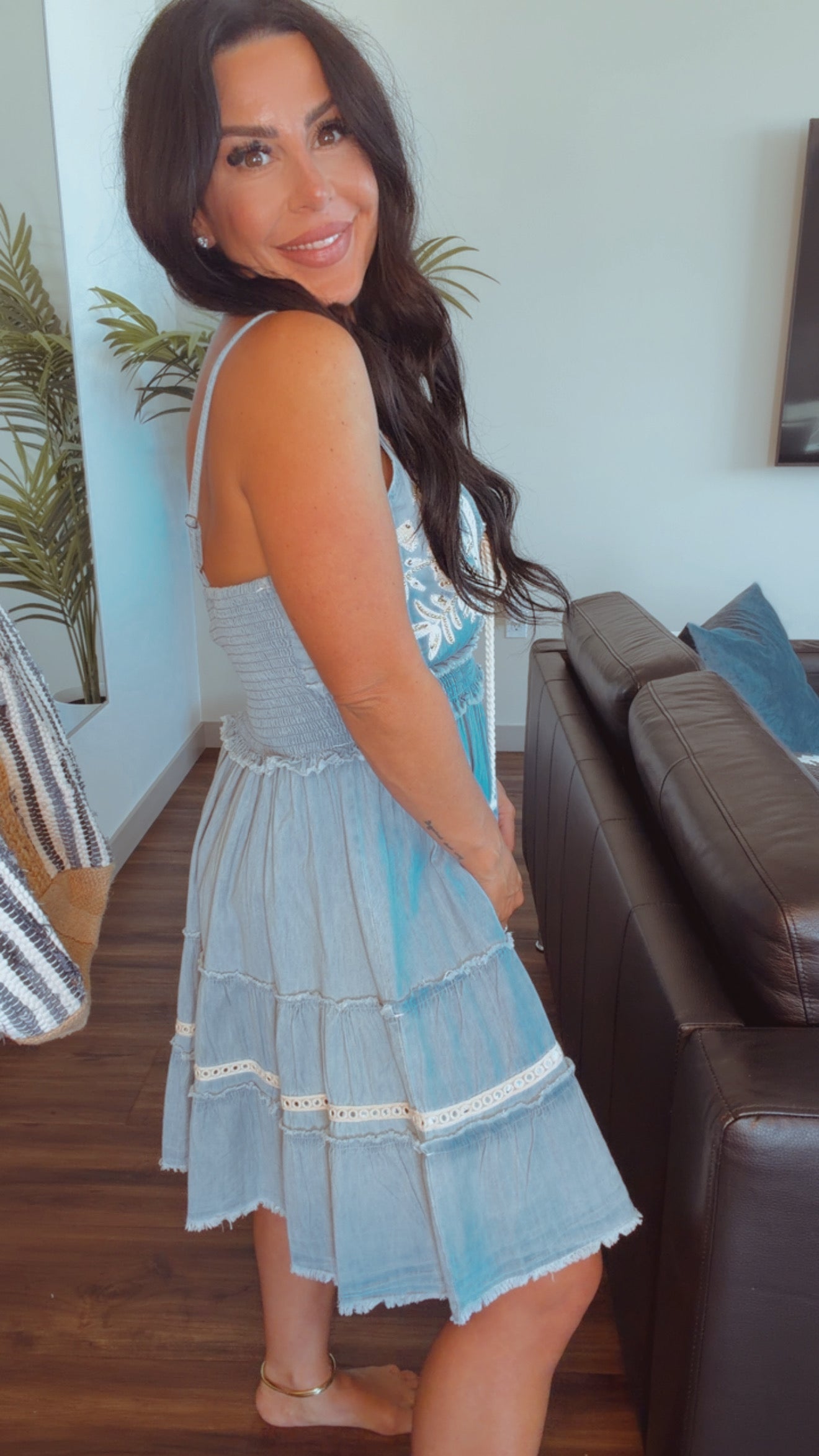 POL Denim Embroidered Dress