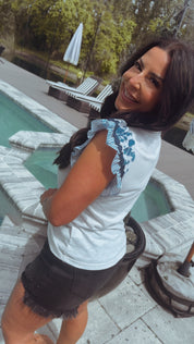 Soft Lightweight Blue Floral Textured Sleeve Top