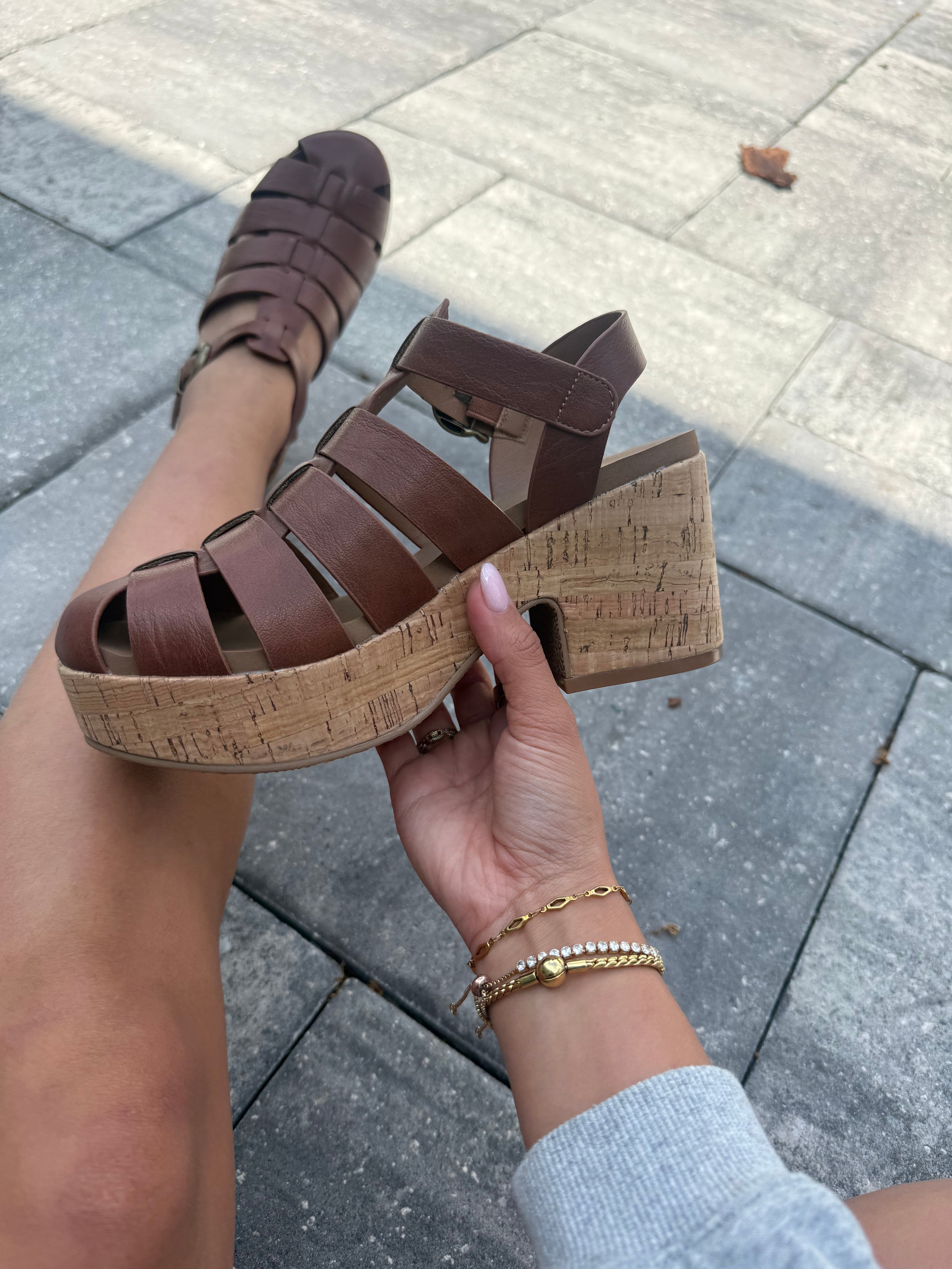 Corky Bourbon Gladiator Wedge Heels