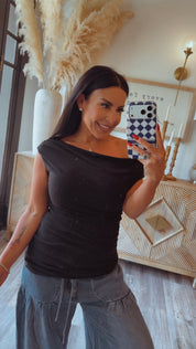 Stitch and CO Sassy Black Ruched One Shoulder Top