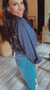 Luxe Navy  Blue and White Lace Cami Long Sleeve Top