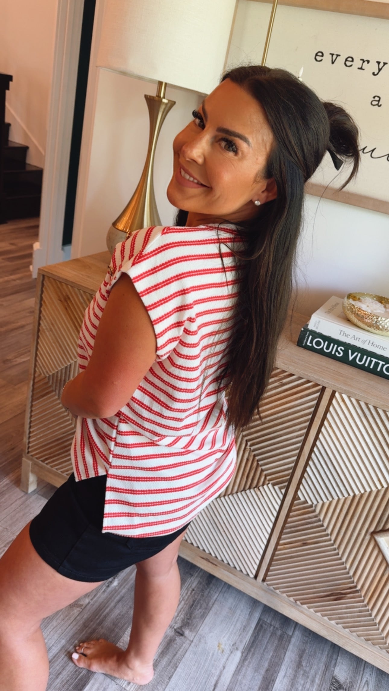 Red and White Striped Gold button Top