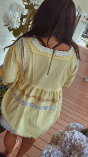 Yellow And Floral Embroidered Zip Back Baby Doll Long Sleeve Top