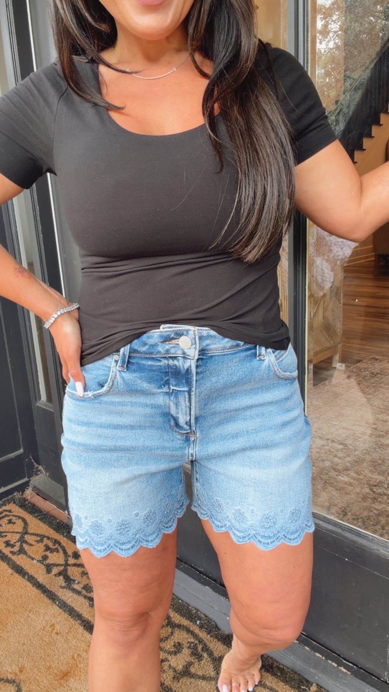 Medium Wash Floral Embossed Hem Denim Shorts