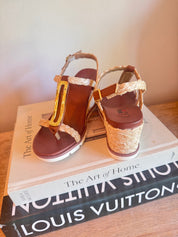Dark Brown and Woven Strap Wedges