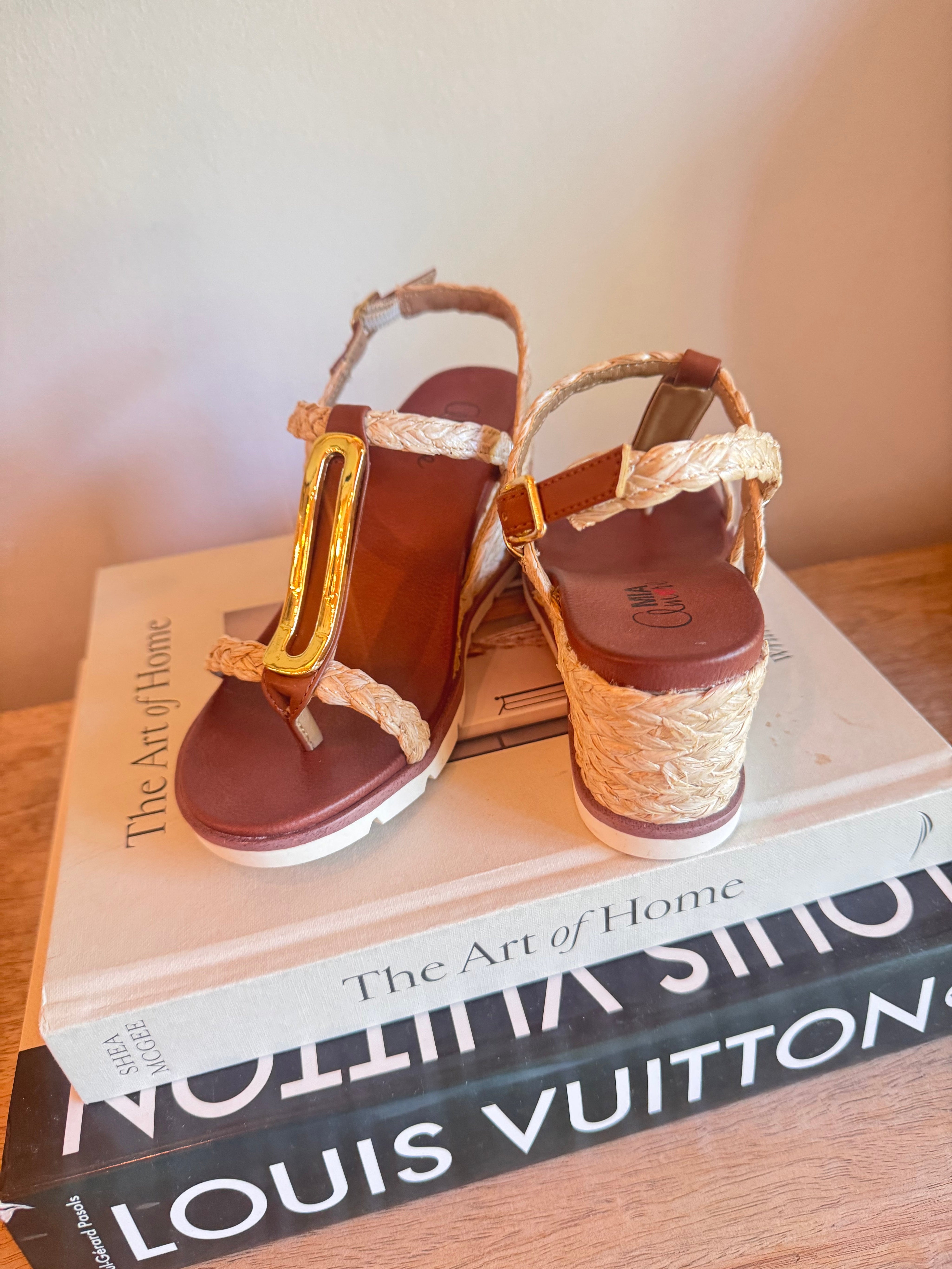 Dark Brown and Woven Strap Wedges