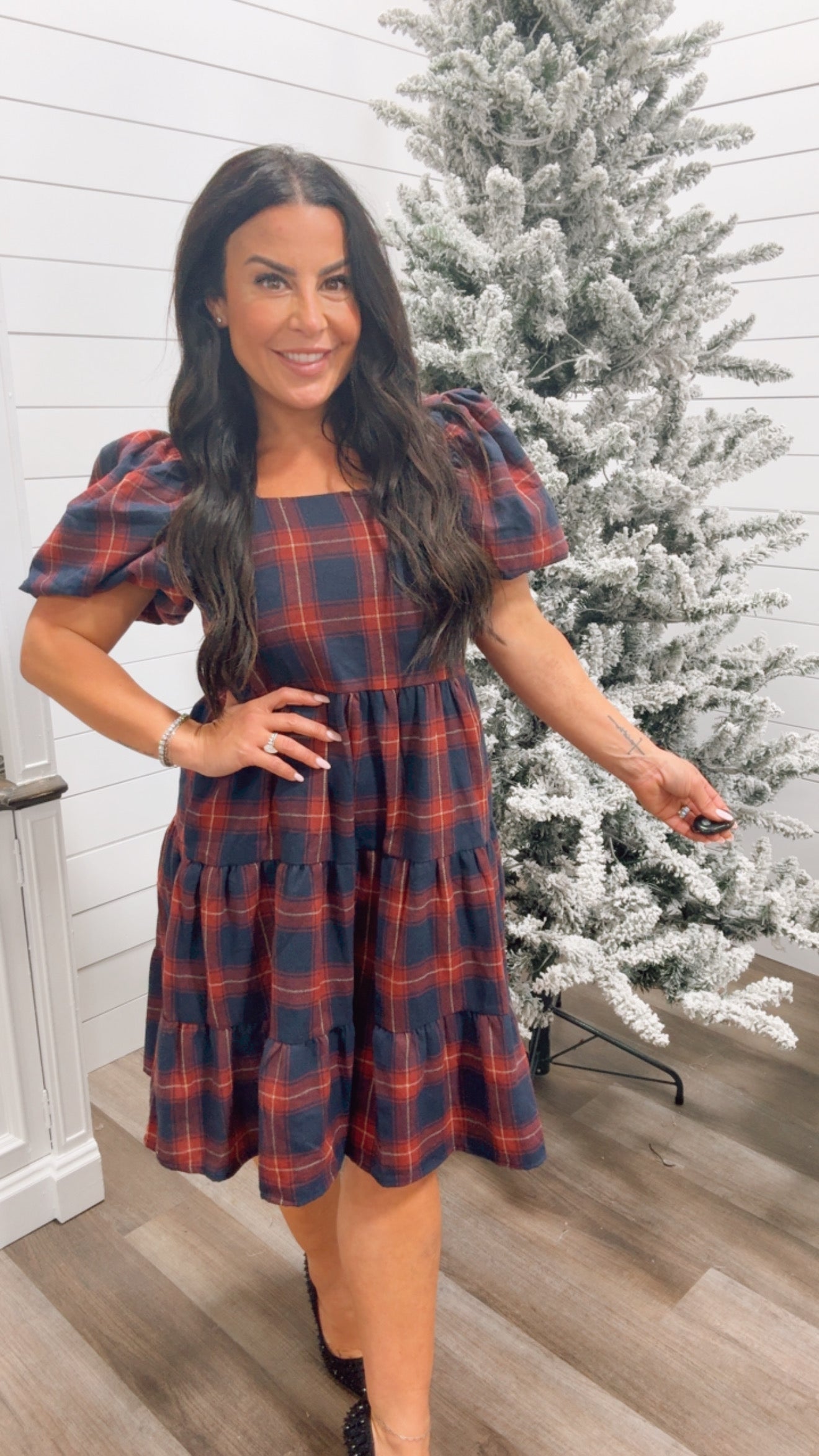 Navy and Red Plaid Puff Sleeve Dress