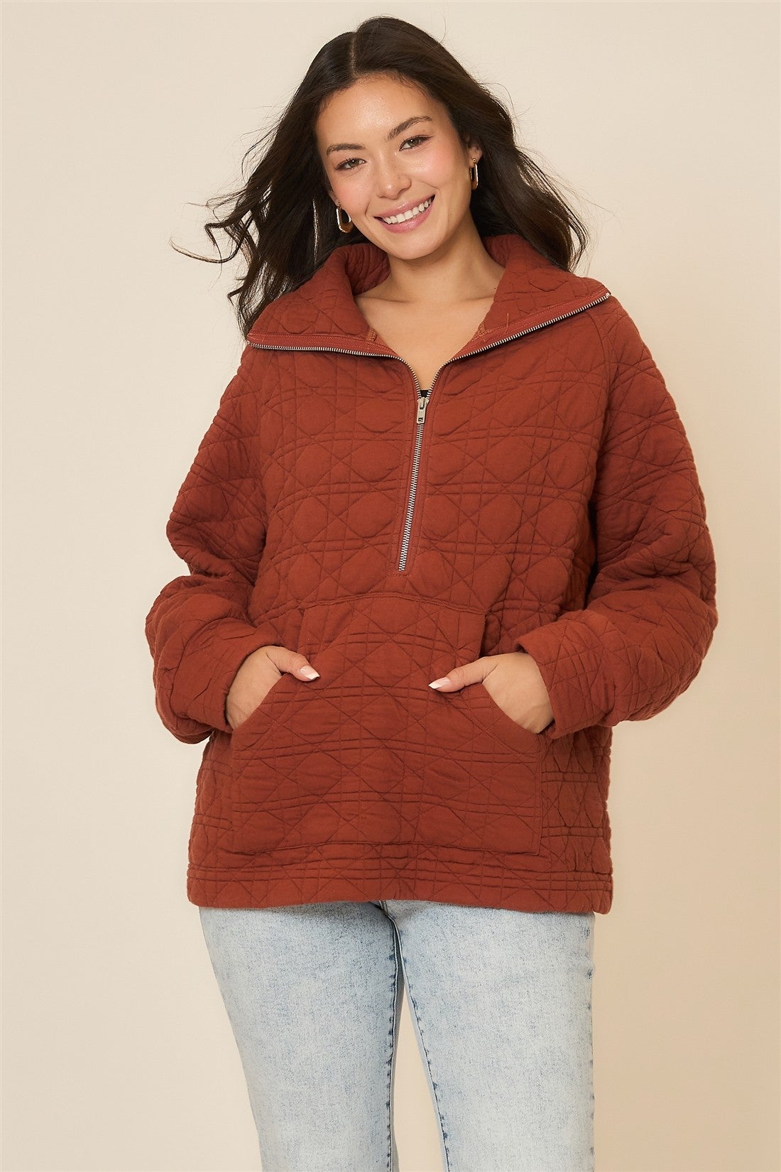 Cozy Co Rust Quilted High Collar Zip Up Sweatshirt