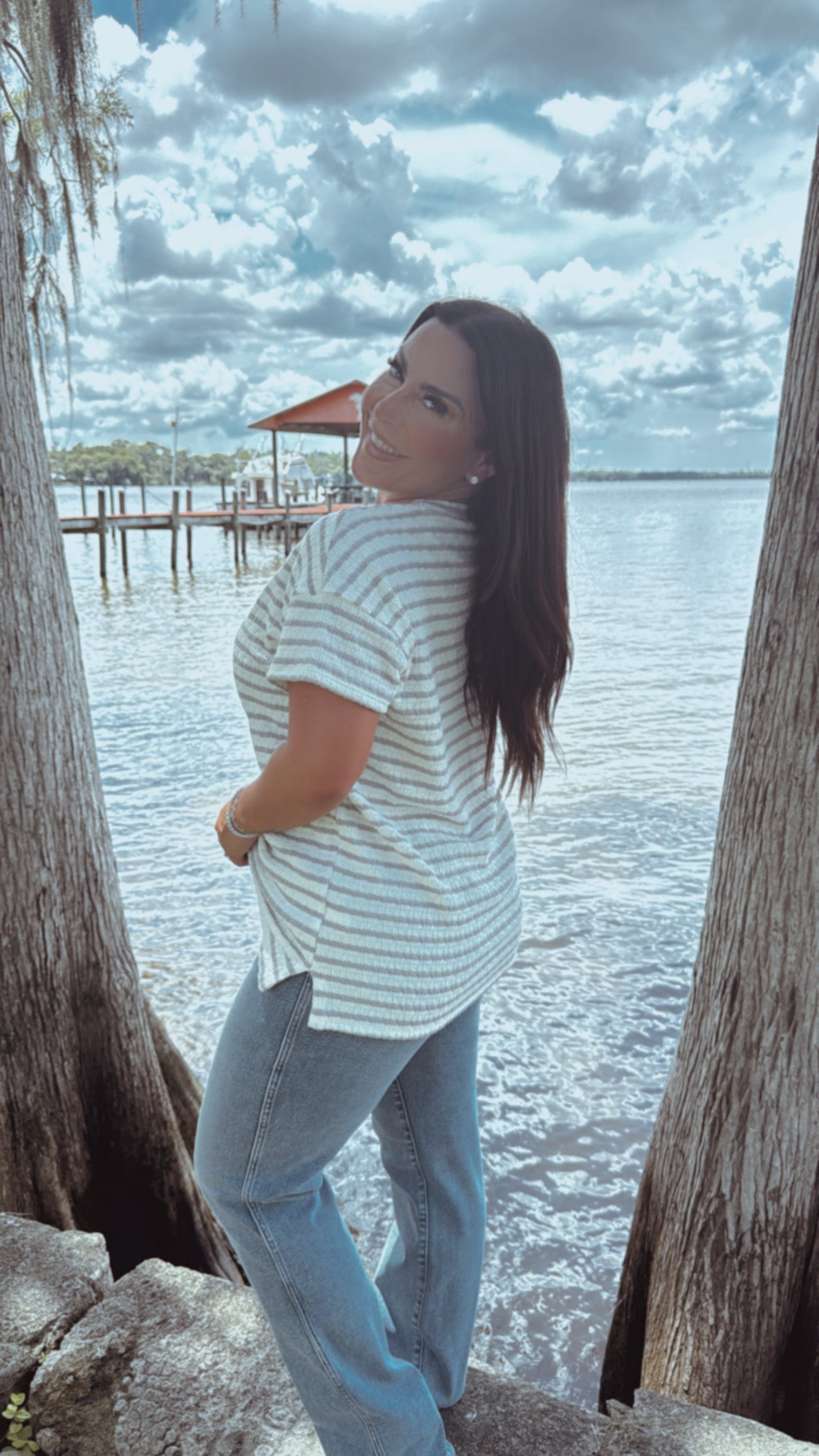 Taupe and Grey Stripe Short Sleeve Knit Textured Top