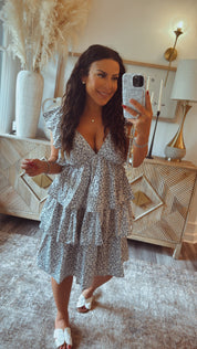 Blue and White Floral Ruffle Tank Dress