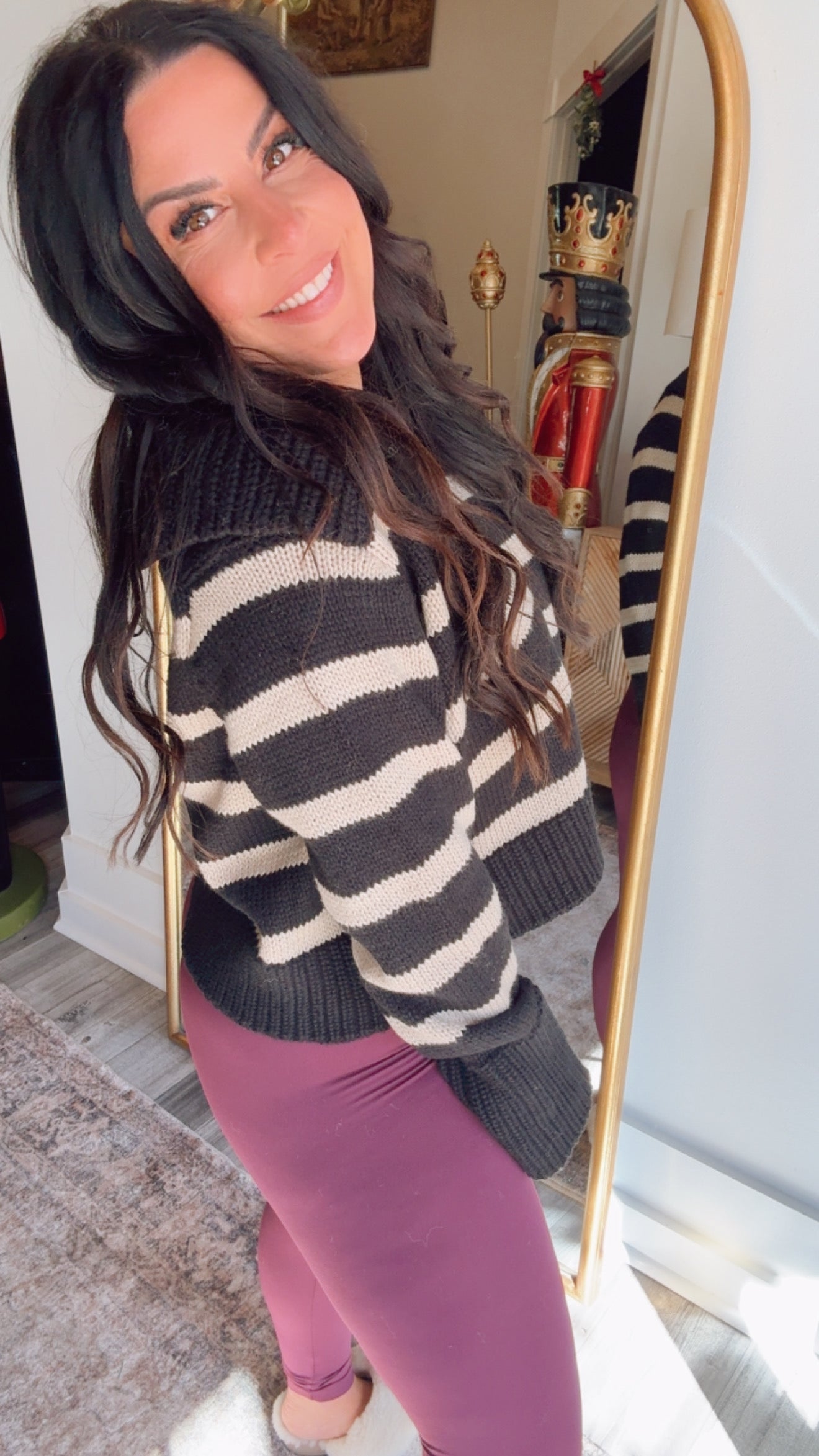 Black and Taupe Striped Collared Knit Wool Sweater