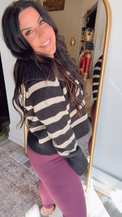 Black and Taupe Striped Collared Knit Wool Sweater