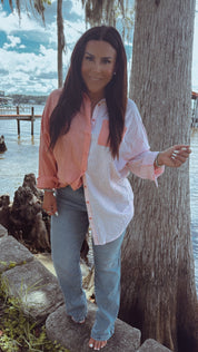 Lightweight Coral and White Striped Button Up Top - DEAL OF THE DAY