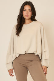 Cozy Co Natural High Low Ruched Bubble Hem Long Sleeve Top