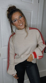 Taupe and Red Stripe Knit Cardi