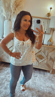 Cream Multi Floral Ruffle Sleeve Tank