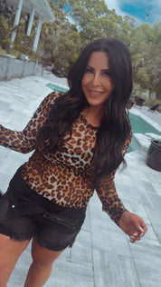 Chic Brown and Black Leopard Mesh Top