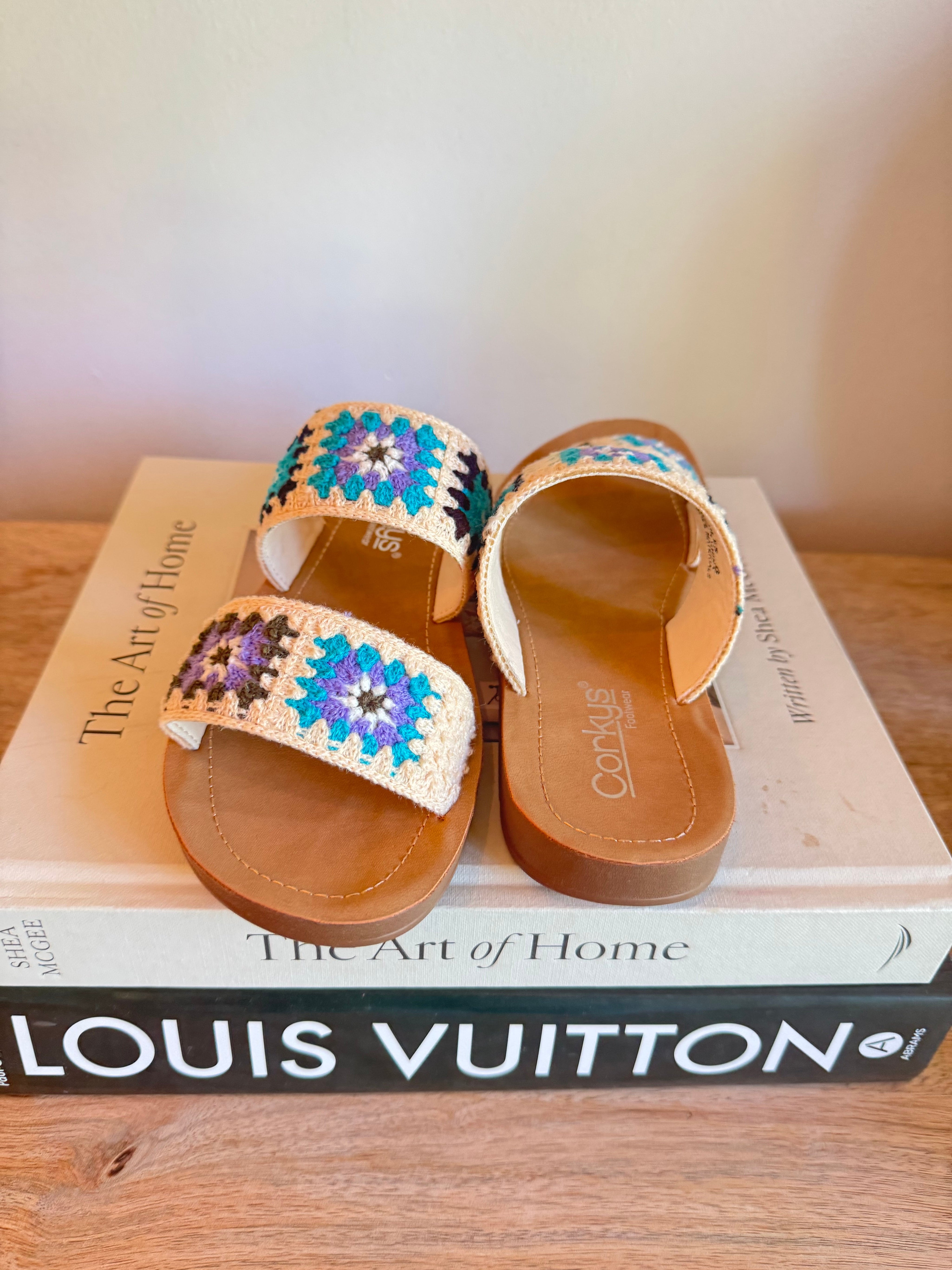 Corky Double Strap Light Tan and Blue Sandals