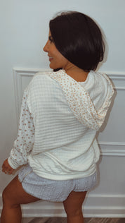 POL Natural and Multi Floral Knit Panel Hoodie