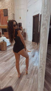 Sassy Black One Piece Ruffle Sleeve Mesh Cut out Bathing Suit