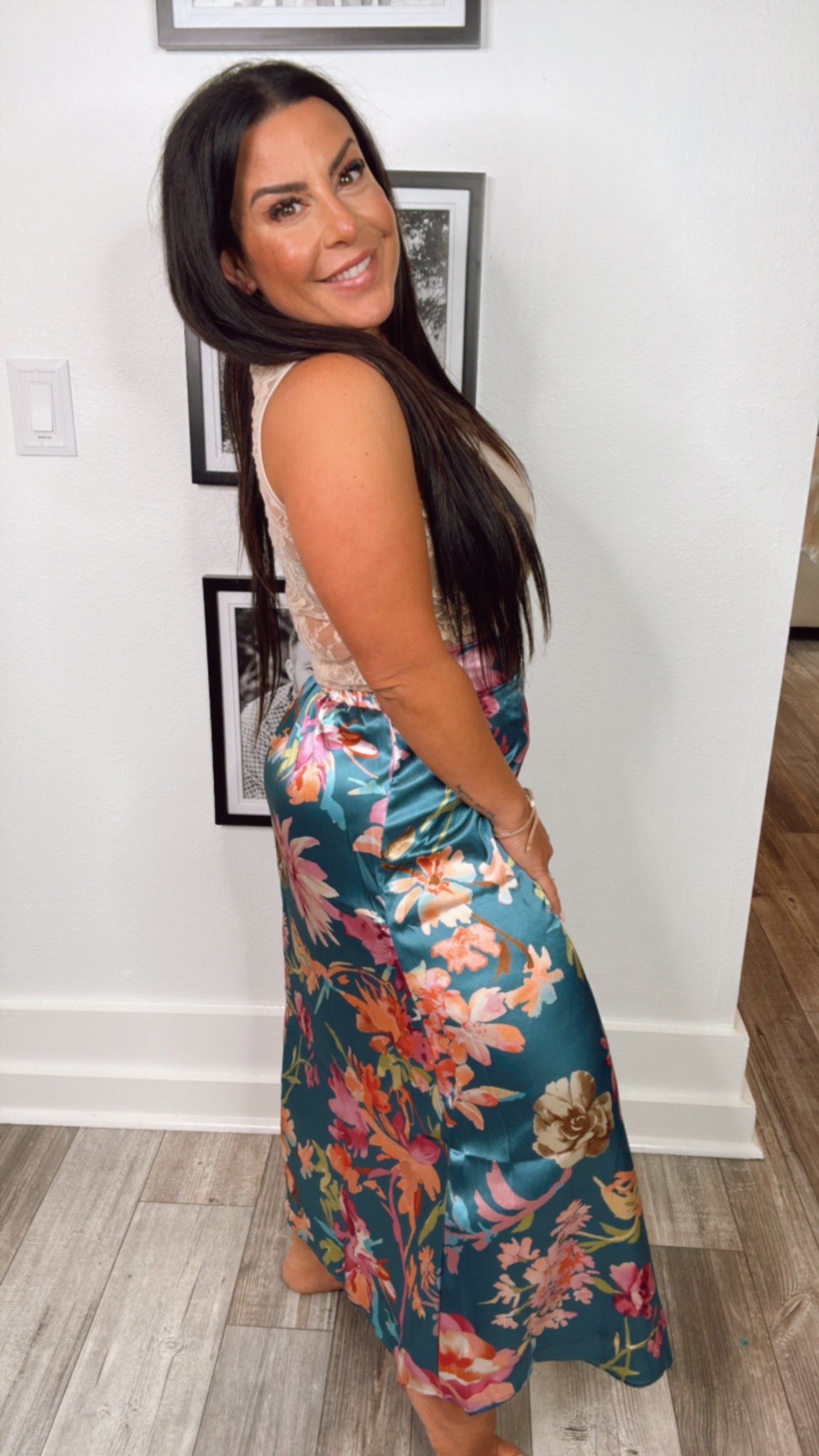 Teal and Floral Silky Satin Skirt