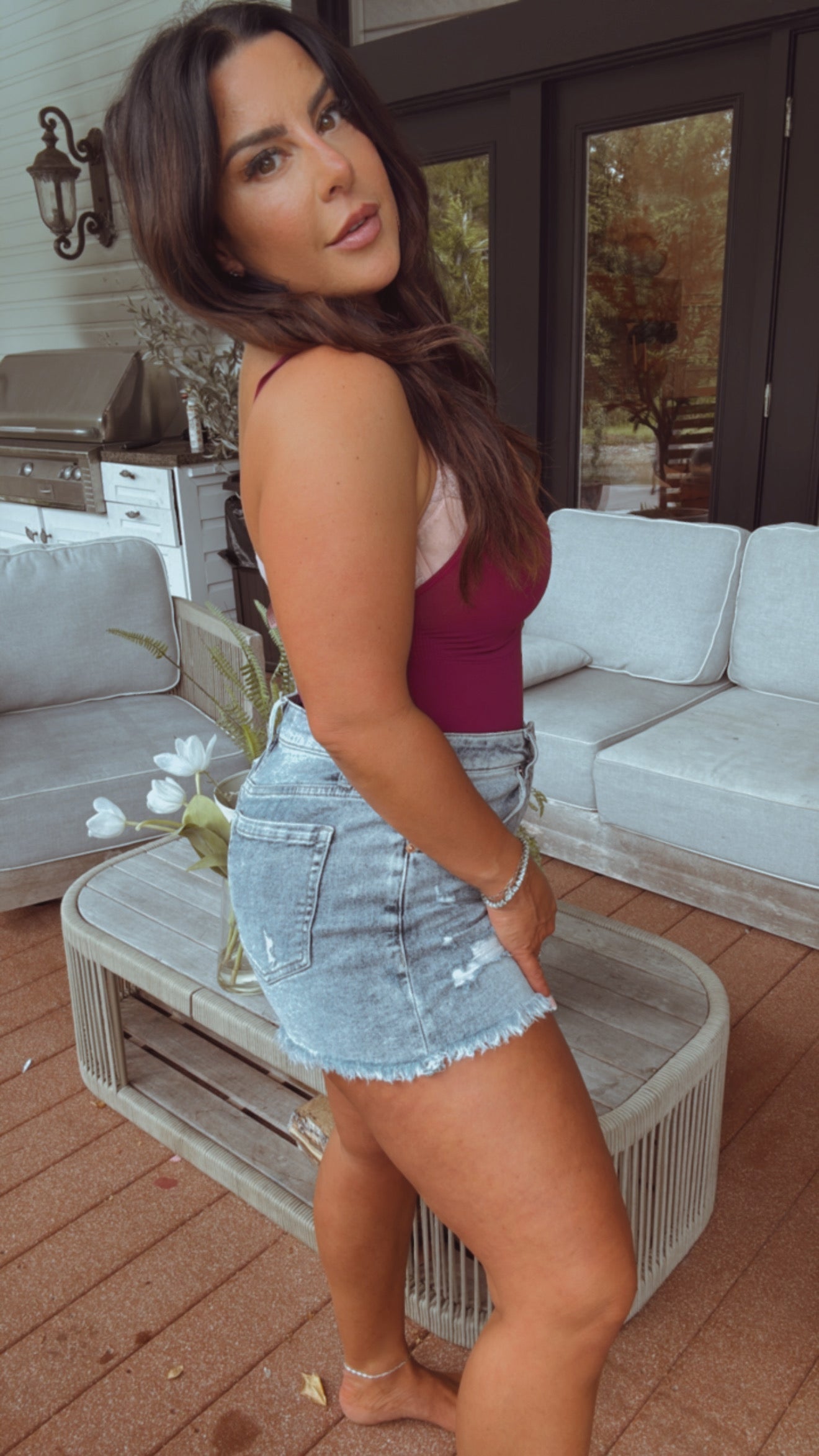 High Rise Light wash Frey Hem Denim Shorts