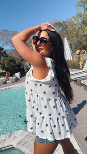 Lightweight White and Black Star Ruffle Sleeve Baby Doll Top