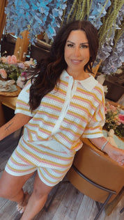 Color Bock Knit Button Up Top And Shorts Set