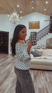 Chic White and Black Polka Off the Shoulder Top