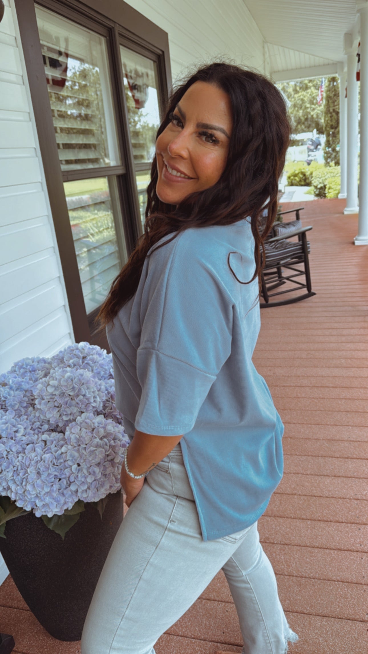 Sky Blue Ribbed Henley Short Sleeve Top