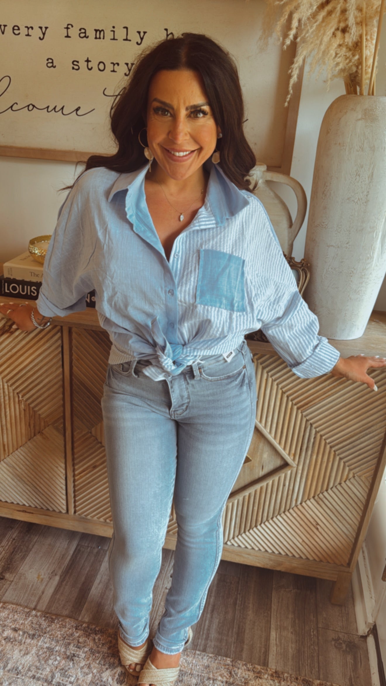 Lightweight Blue and White Stripe Button Up Long Sleeve Top