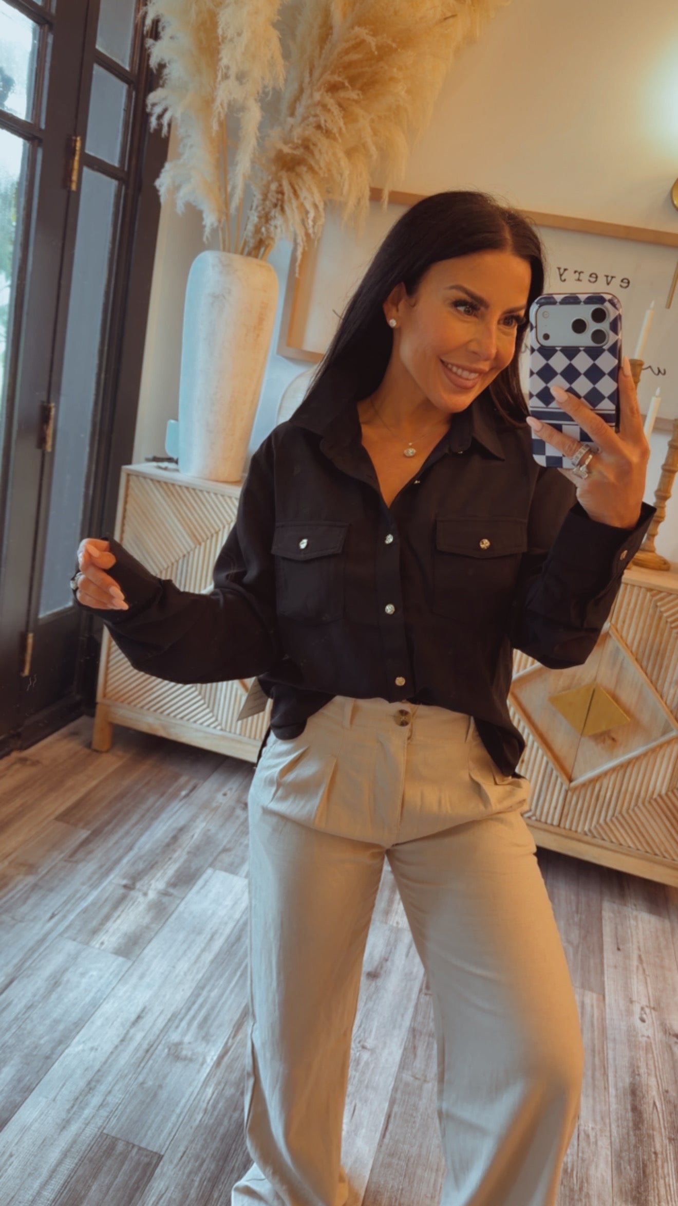 Long Sleeve Black and Gold Button Up Blouse