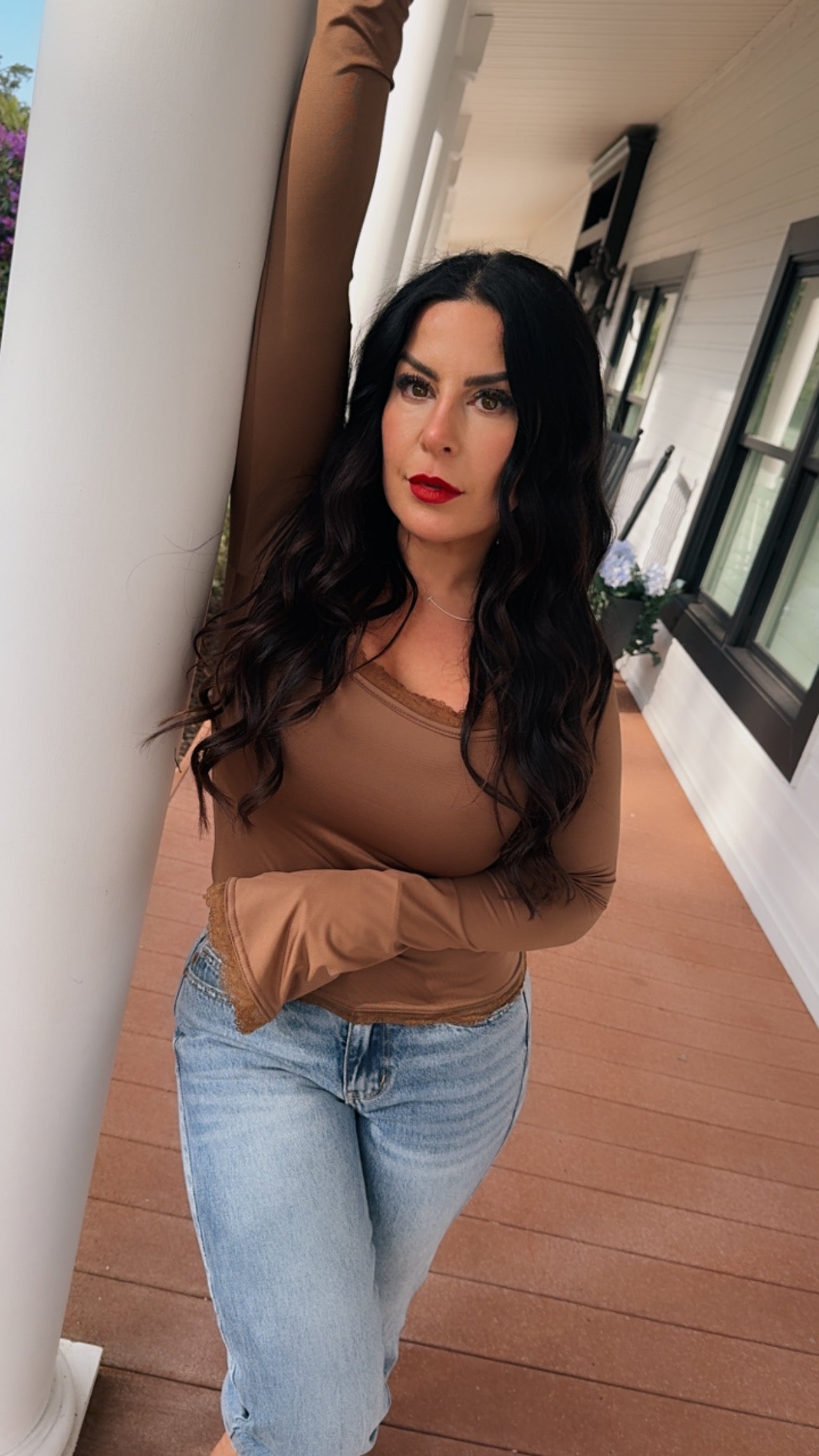 Brown Lace Trim Sassy Long Sleeve Top